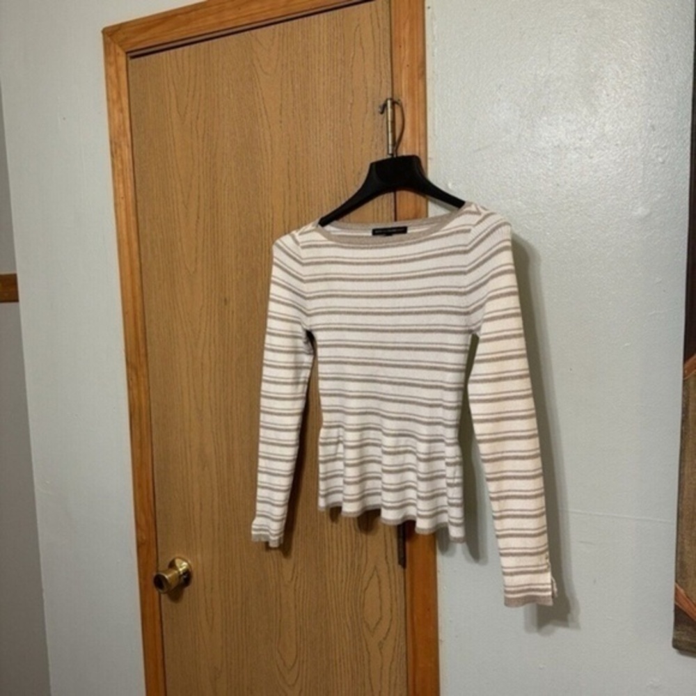 White House Black Market Small w/Stripes Long Sleeve Metallic Peplum Hem Sweater